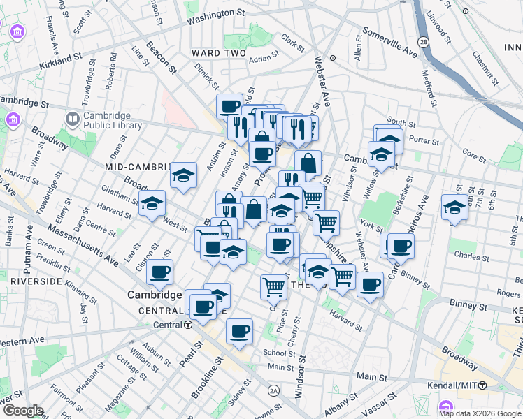 map of restaurants, bars, coffee shops, grocery stores, and more near 28 Tremont Street in Cambridge