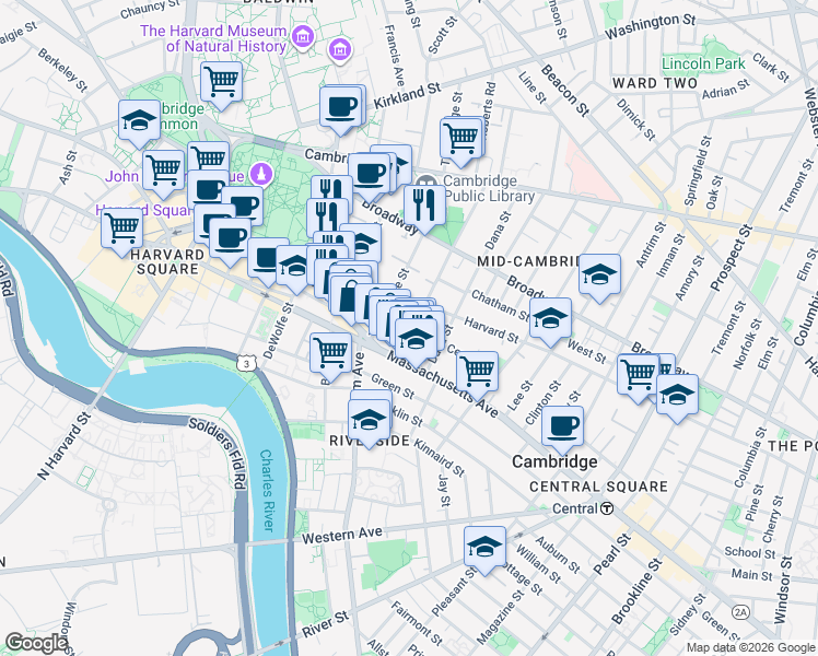 map of restaurants, bars, coffee shops, grocery stores, and more near 12 Trowbridge Street in Cambridge