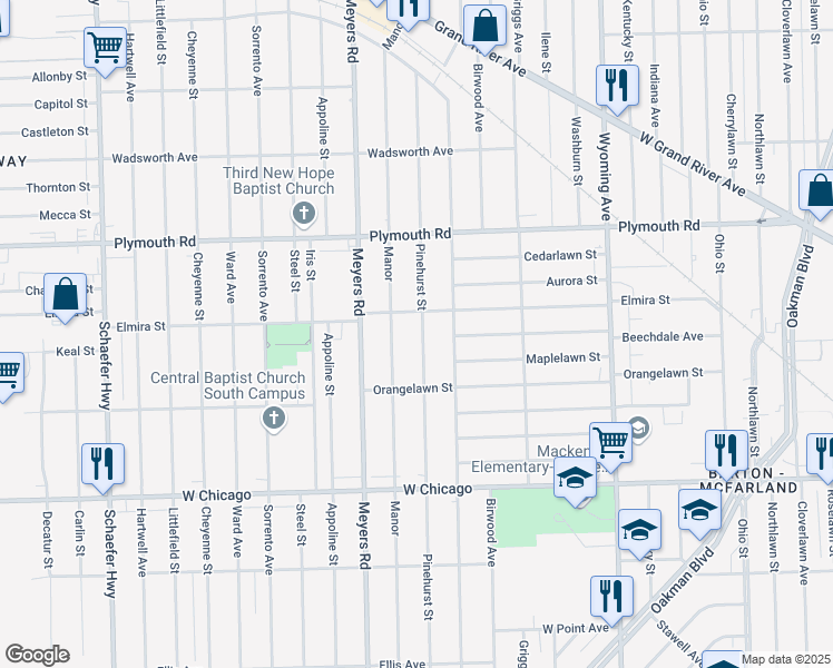 map of restaurants, bars, coffee shops, grocery stores, and more near 10011 Pinehurst Street in Detroit
