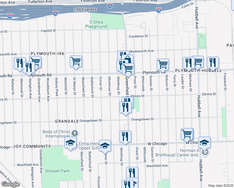 map of restaurants, bars, coffee shops, grocery stores, and more near 11317 Winthrop Street in Detroit