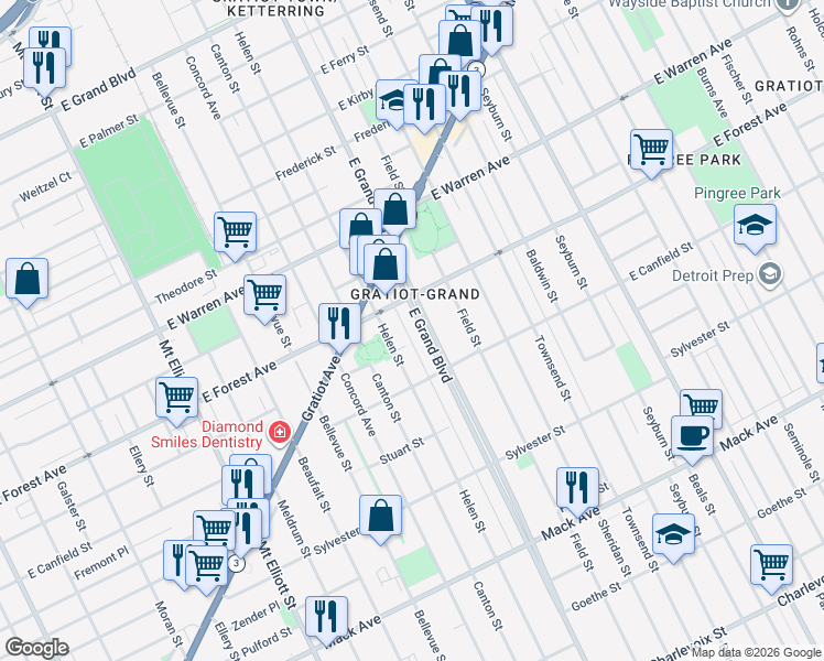 map of restaurants, bars, coffee shops, grocery stores, and more near 1045 East Grand Boulevard in Detroit