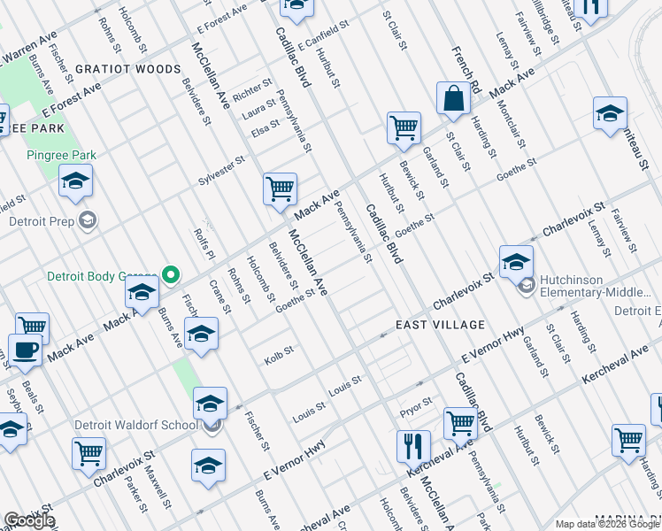 map of restaurants, bars, coffee shops, grocery stores, and more near 9337 Goethe Street in Detroit
