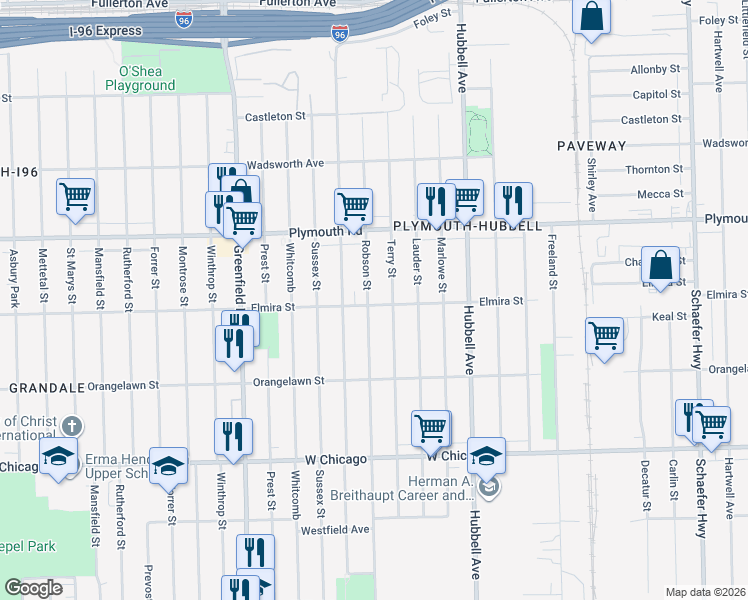 map of restaurants, bars, coffee shops, grocery stores, and more near 11300 Robson Street in Detroit