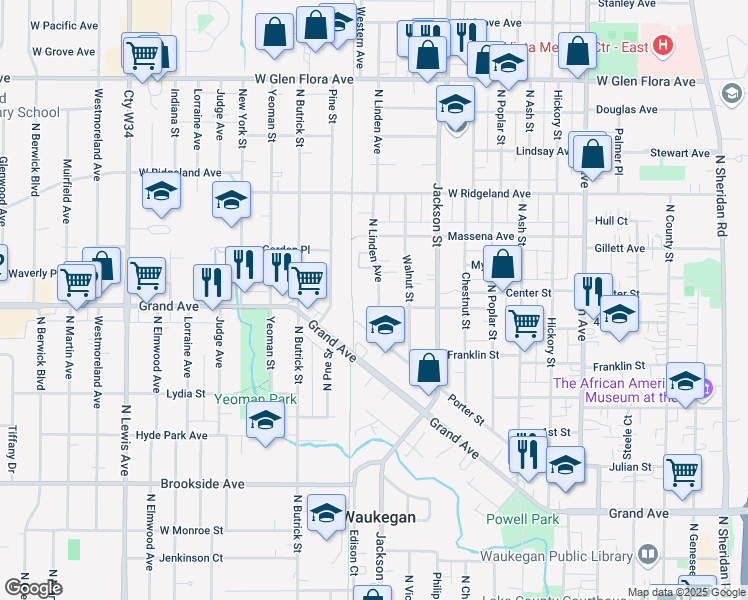 map of restaurants, bars, coffee shops, grocery stores, and more near 1016 Edwards Street in Waukegan