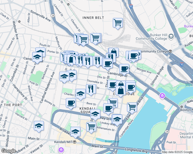 map of restaurants, bars, coffee shops, grocery stores, and more near 86 Otis Street in Cambridge