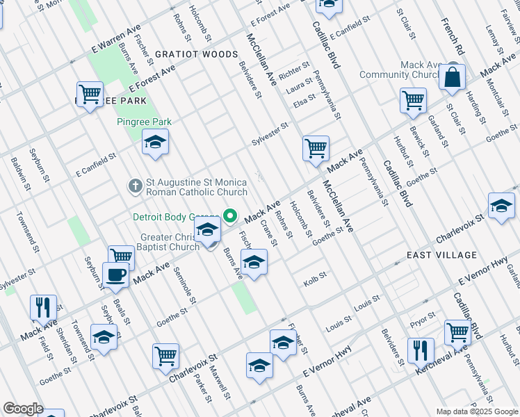 map of restaurants, bars, coffee shops, grocery stores, and more near 8821 Mack Ave in Detroit