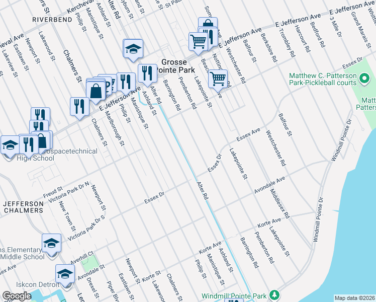 map of restaurants, bars, coffee shops, grocery stores, and more near 614 Alter Road in Detroit