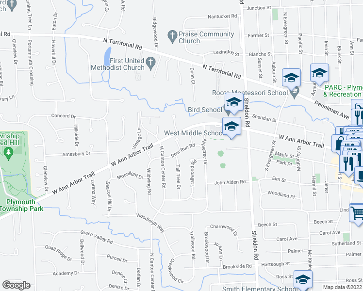 map of restaurants, bars, coffee shops, grocery stores, and more near 12214 Cherrywood Court in Plymouth