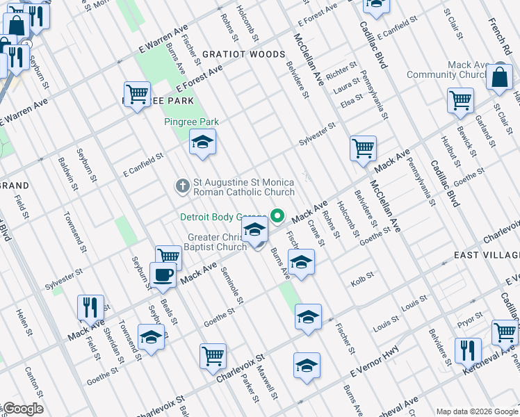 map of restaurants, bars, coffee shops, grocery stores, and more near 3782 Burns Avenue in Detroit