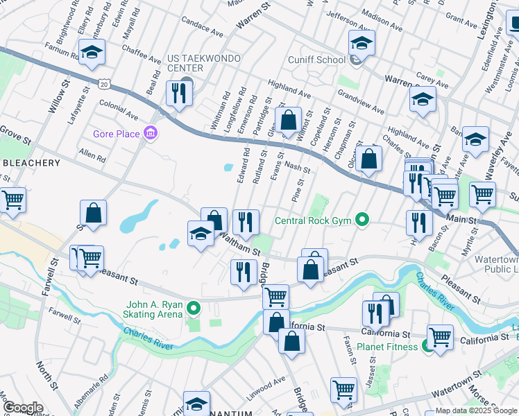 map of restaurants, bars, coffee shops, grocery stores, and more near 87 Evans Street in Watertown