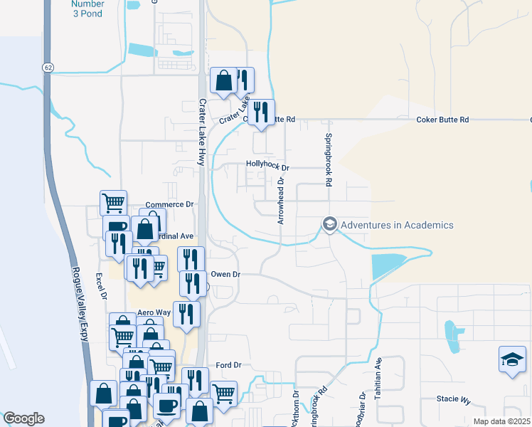 map of restaurants, bars, coffee shops, grocery stores, and more near 3835 Arrowhead Drive in Medford