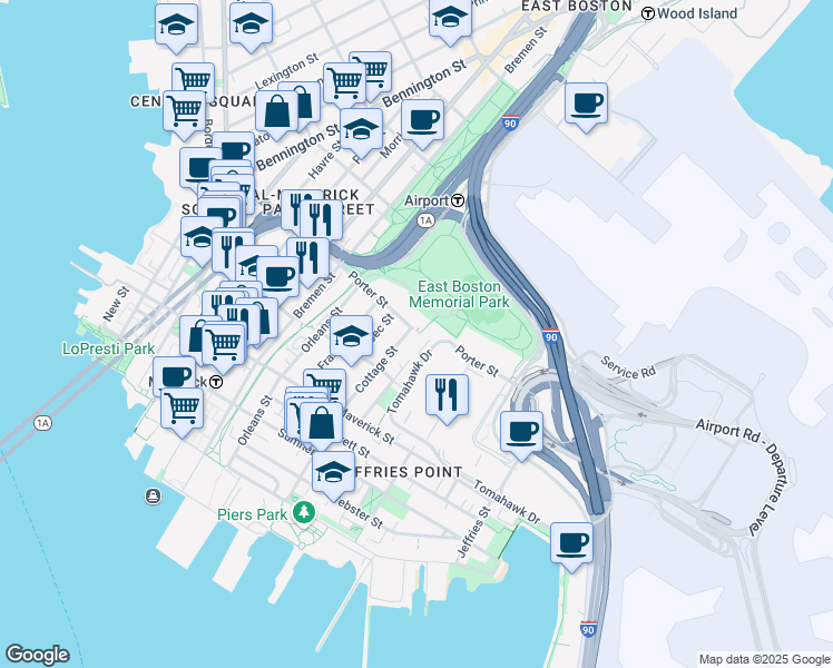 map of restaurants, bars, coffee shops, grocery stores, and more near 194 Cottage Street in Boston