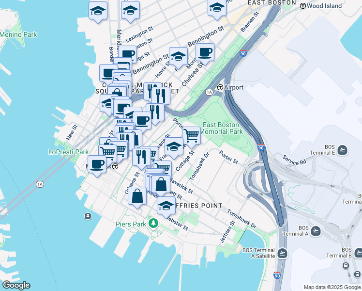 map of restaurants, bars, coffee shops, grocery stores, and more near 65 Frankfort Street in Boston