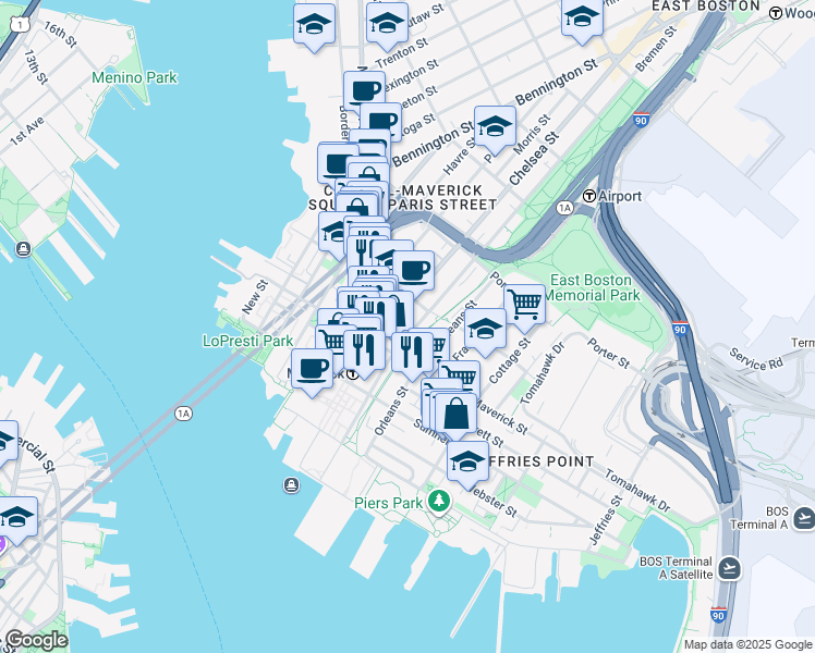 map of restaurants, bars, coffee shops, grocery stores, and more near 82 Bremen Street in Boston