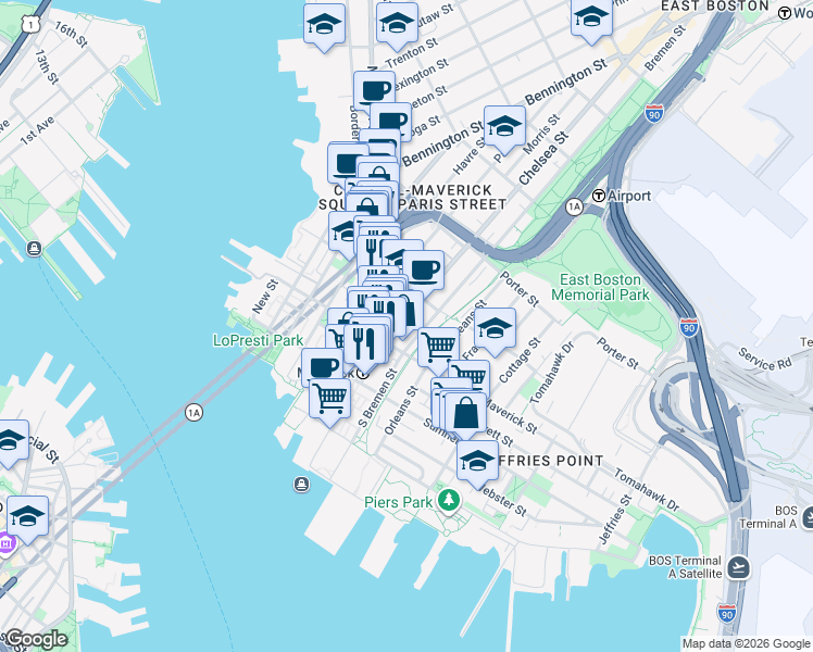map of restaurants, bars, coffee shops, grocery stores, and more near 6 Chelsea Street in Boston