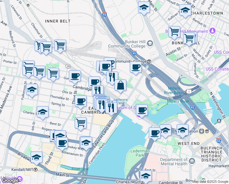 map of restaurants, bars, coffee shops, grocery stores, and more near 2 Leighton Street in Cambridge