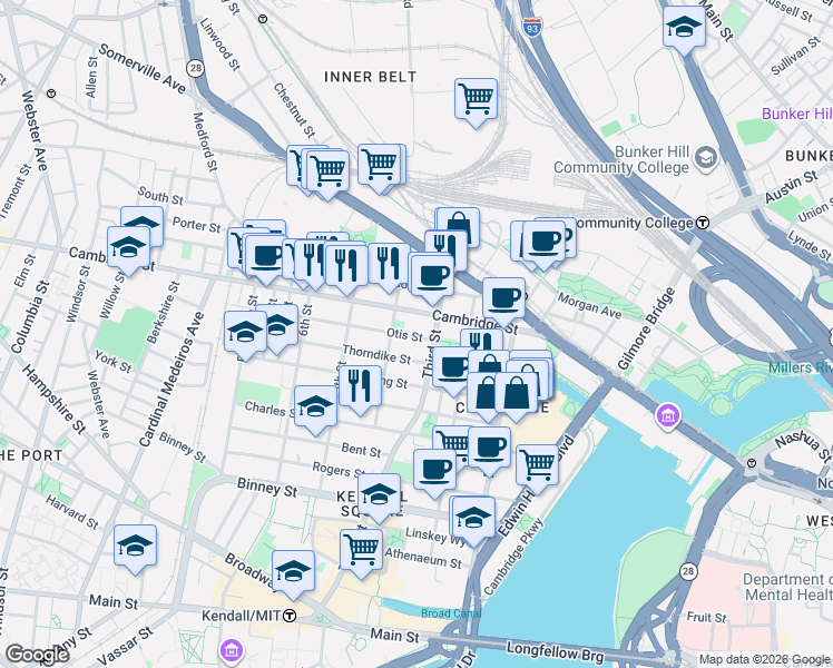 map of restaurants, bars, coffee shops, grocery stores, and more near 63 Otis Street in Cambridge