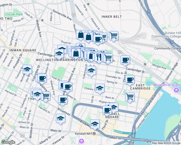map of restaurants, bars, coffee shops, grocery stores, and more near 180 Thorndike Street in Cambridge