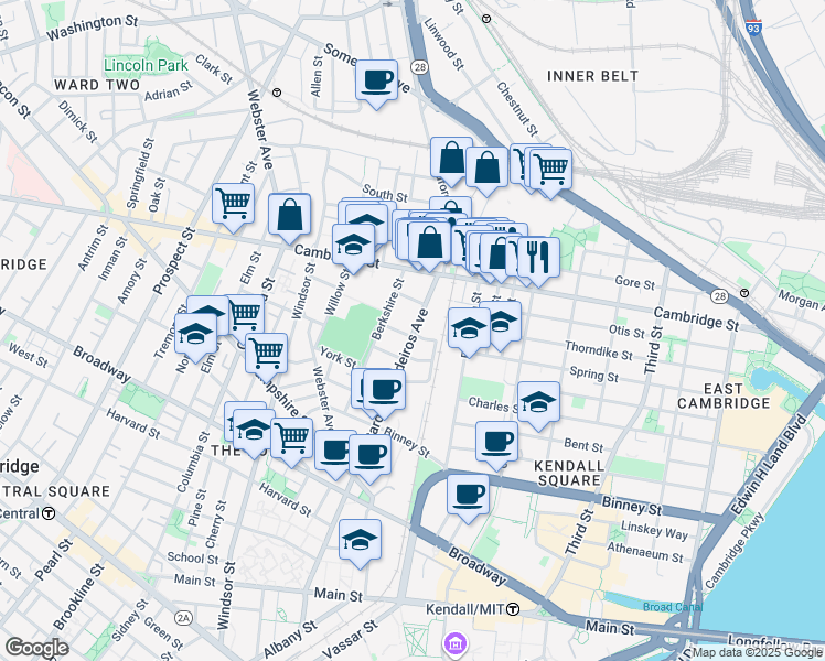 map of restaurants, bars, coffee shops, grocery stores, and more near 1 Marney Street in Cambridge