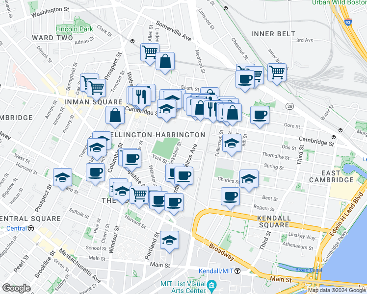 map of restaurants, bars, coffee shops, grocery stores, and more near 88 Berkshire Street in Cambridge