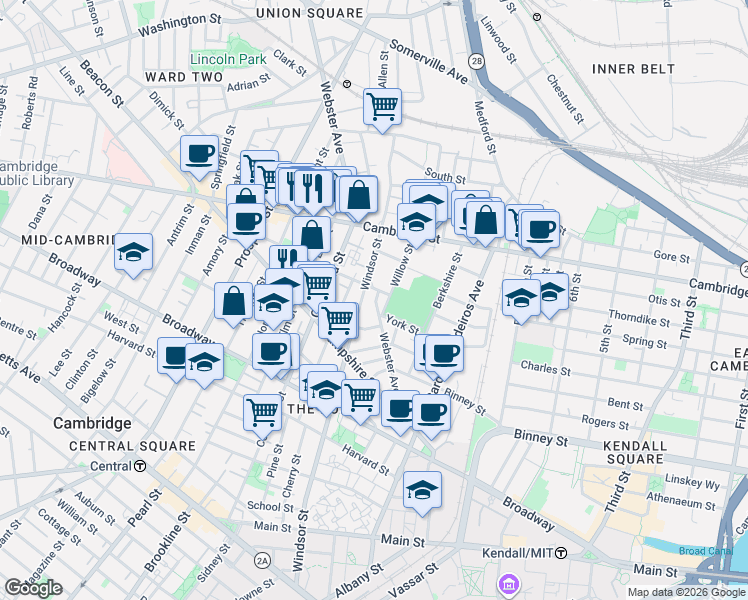 map of restaurants, bars, coffee shops, grocery stores, and more near 386 Windsor Street in Cambridge
