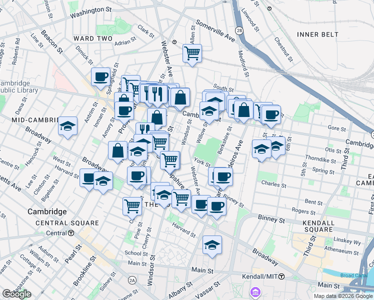 map of restaurants, bars, coffee shops, grocery stores, and more near 386 Windsor Street in Cambridge