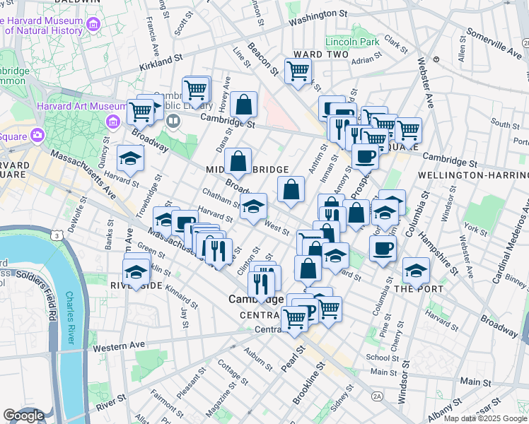 map of restaurants, bars, coffee shops, grocery stores, and more near 364 Broadway in Cambridge