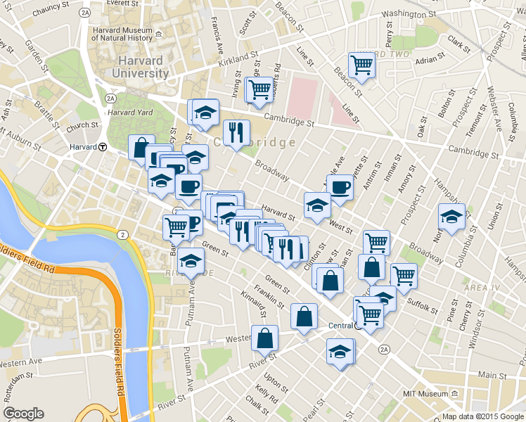map of restaurants, bars, coffee shops, grocery stores, and more near 338 Harvard Street in Cambridge