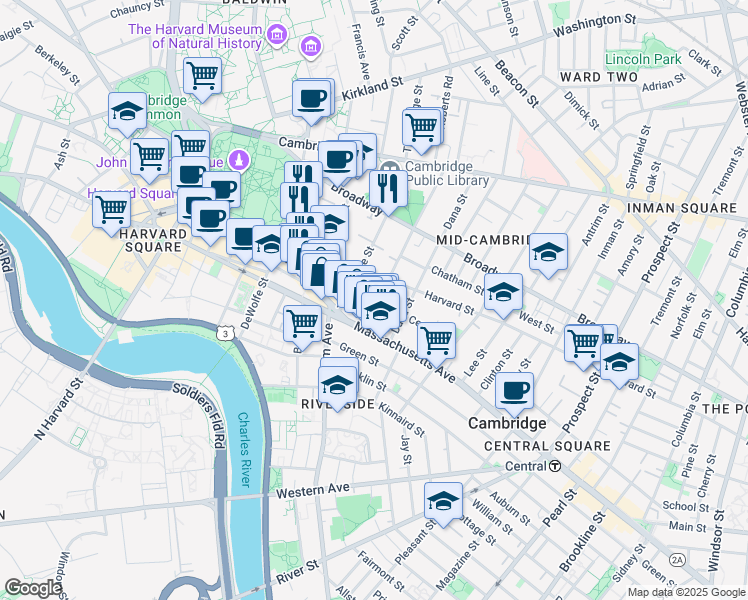 map of restaurants, bars, coffee shops, grocery stores, and more near 12 Trowbridge Street in Cambridge