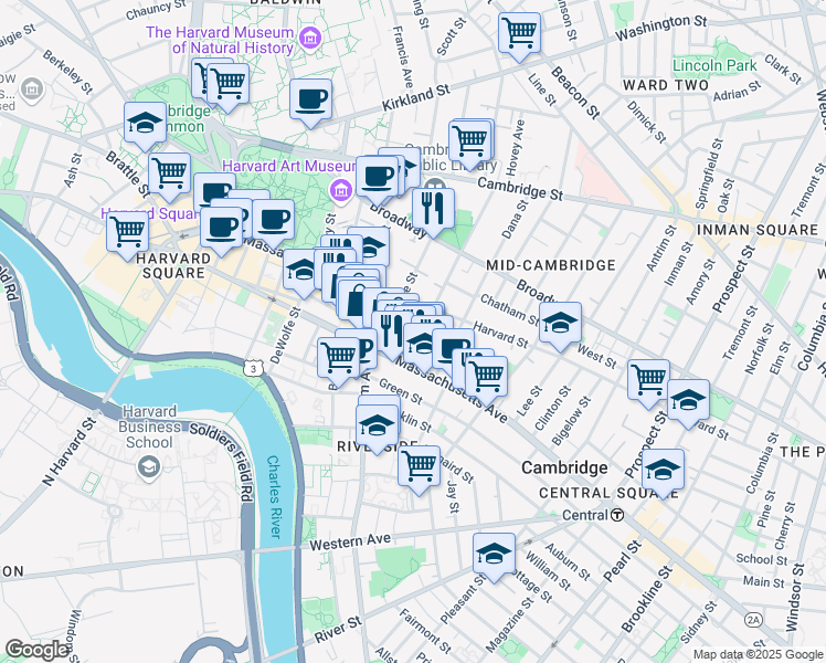 map of restaurants, bars, coffee shops, grocery stores, and more near 12 Trowbridge Street in Cambridge