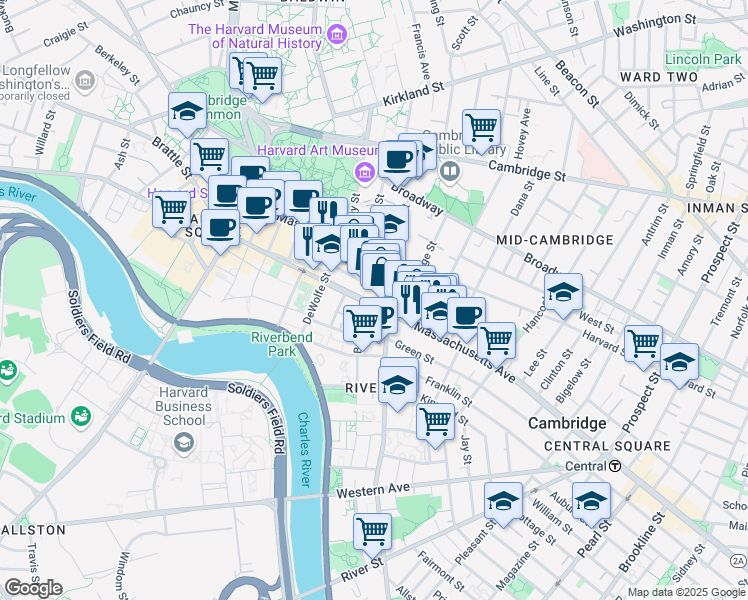 map of restaurants, bars, coffee shops, grocery stores, and more near 1090-1100 Massachusetts Avenue in Cambridge
