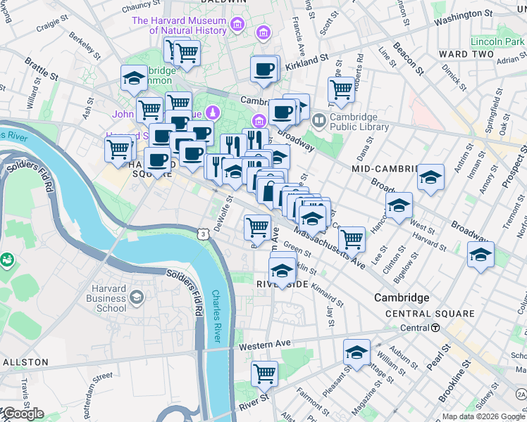 map of restaurants, bars, coffee shops, grocery stores, and more near 1090-1100 Massachusetts Avenue in Cambridge