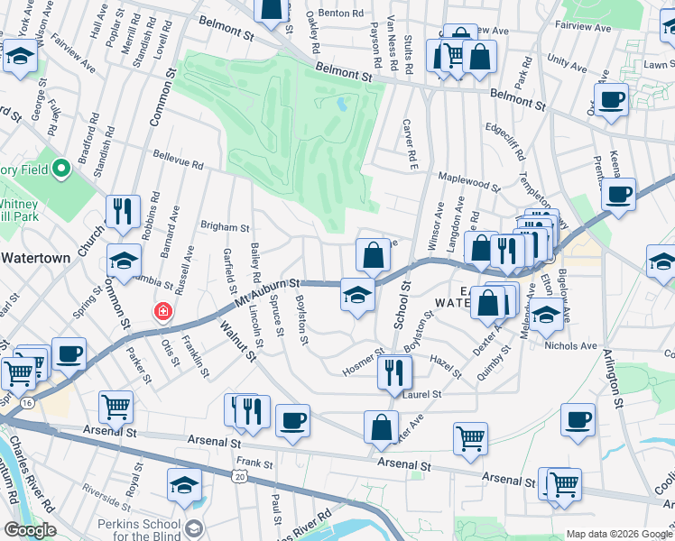 map of restaurants, bars, coffee shops, grocery stores, and more near 11 Oakley Road in Watertown