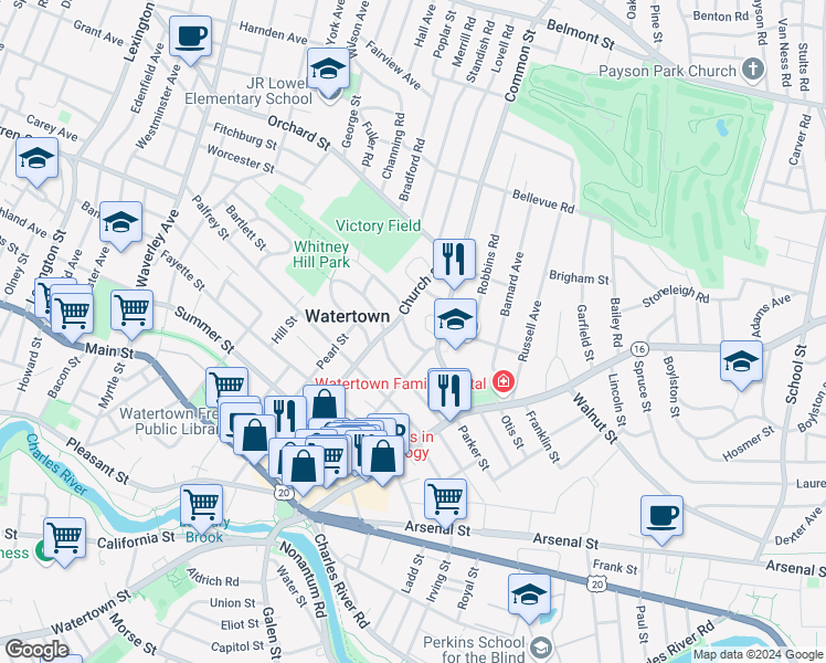 map of restaurants, bars, coffee shops, grocery stores, and more near 26 Marion Road in Watertown