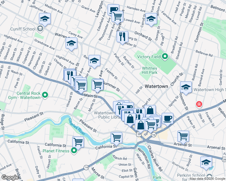 map of restaurants, bars, coffee shops, grocery stores, and more near 188 Summer Street in Watertown