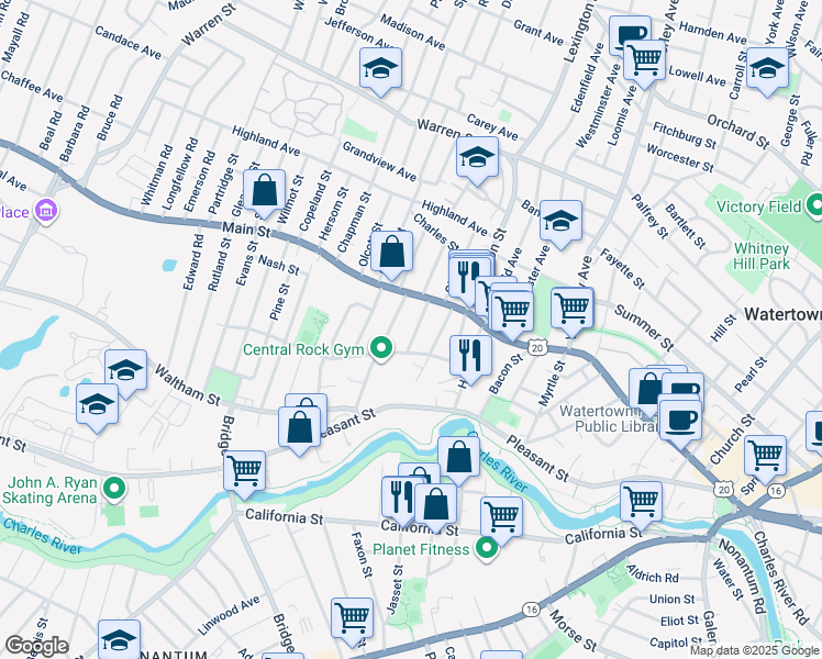 map of restaurants, bars, coffee shops, grocery stores, and more near 27 Morton Street in Watertown