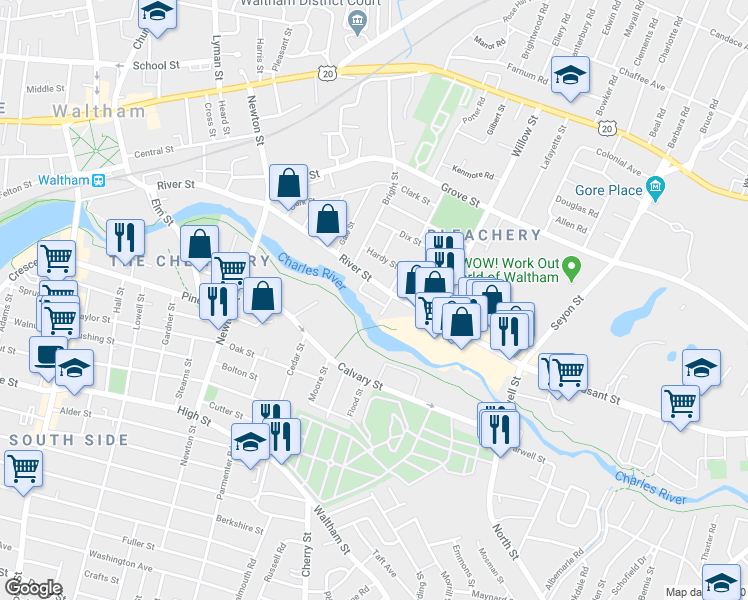 map of restaurants, bars, coffee shops, grocery stores, and more near 208 River Street in Waltham