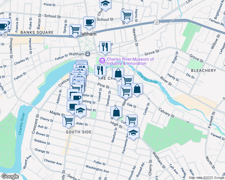 map of restaurants, bars, coffee shops, grocery stores, and more near 103 Pine Street in Waltham