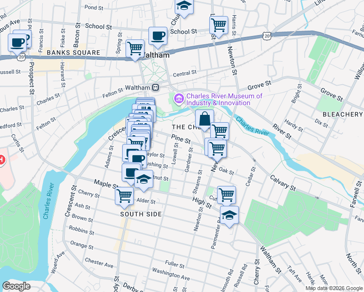map of restaurants, bars, coffee shops, grocery stores, and more near 12 Lowell Street in Waltham