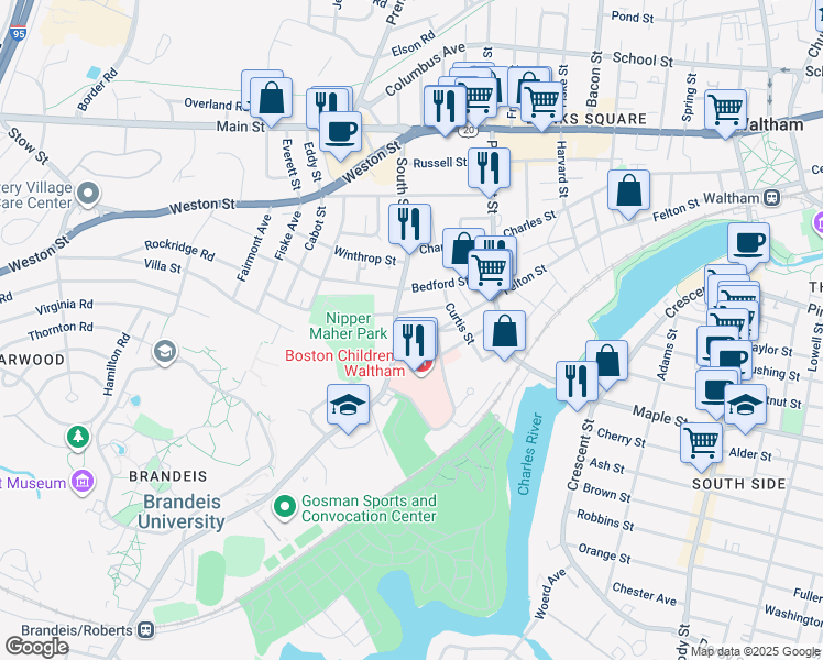 map of restaurants, bars, coffee shops, grocery stores, and more near 158 South Street in Waltham