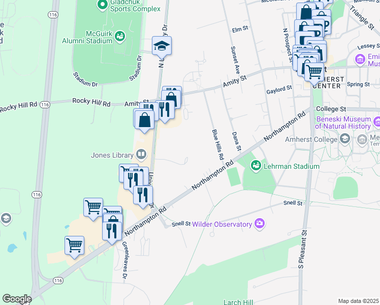 map of restaurants, bars, coffee shops, grocery stores, and more near 130 University Dr in Amherst