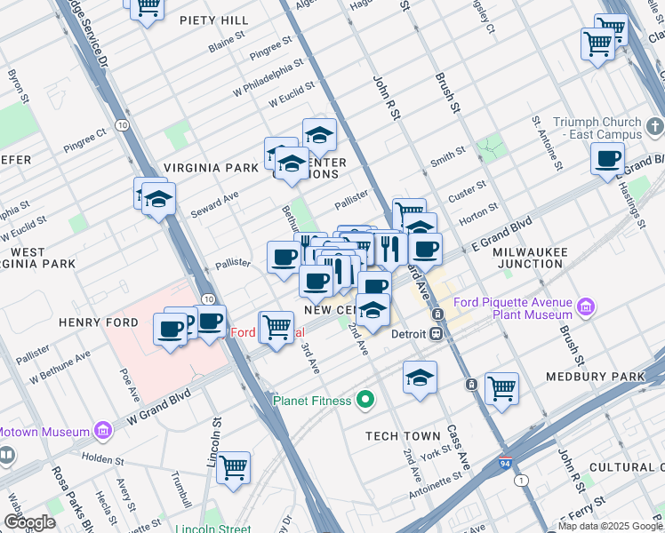 map of restaurants, bars, coffee shops, grocery stores, and more near 7409 2nd Avenue in Detroit