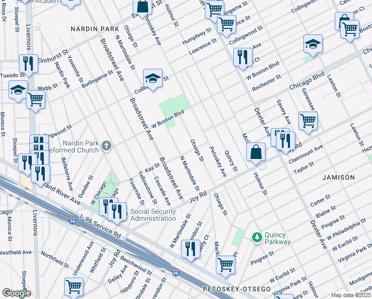 map of restaurants, bars, coffee shops, grocery stores, and more near 9604 North Martindale Street in Detroit