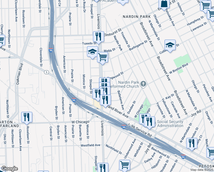 map of restaurants, bars, coffee shops, grocery stores, and more near in Detroit