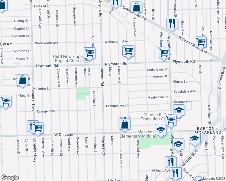 map of restaurants, bars, coffee shops, grocery stores, and more near 10011 Pinehurst Street in Detroit
