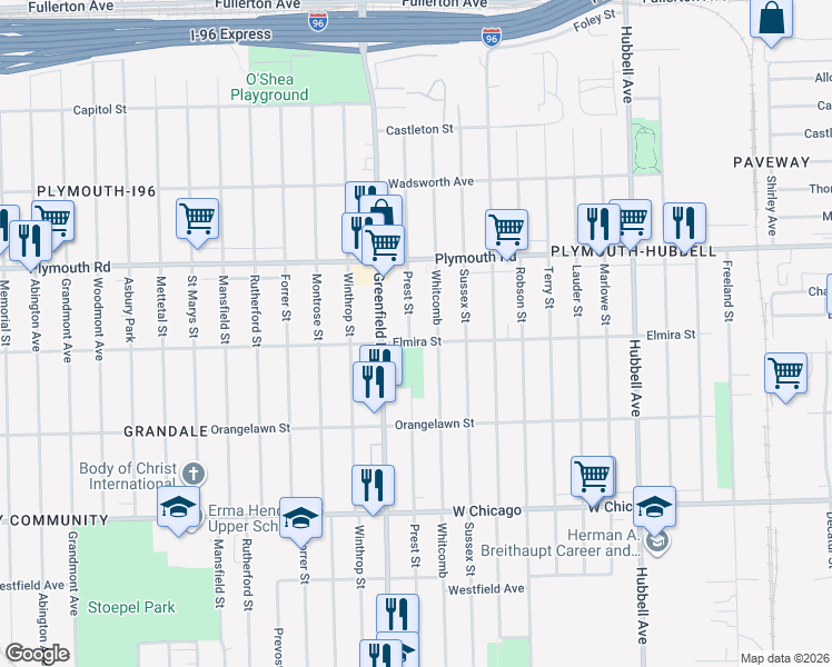 map of restaurants, bars, coffee shops, grocery stores, and more near 11316 Prest Street in Detroit