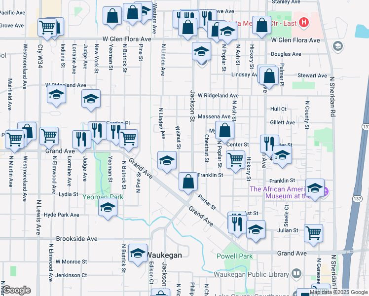 map of restaurants, bars, coffee shops, grocery stores, and more near 914 Edwards Street in Waukegan