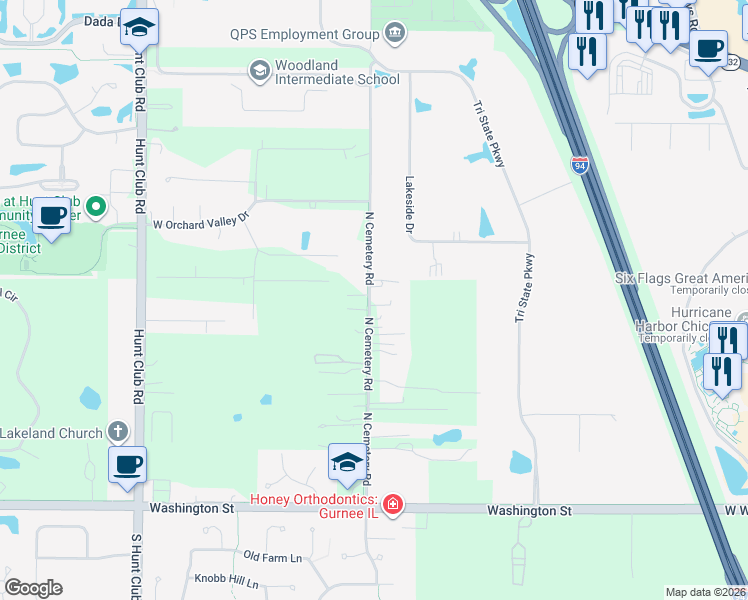 map of restaurants, bars, coffee shops, grocery stores, and more near 34970 North Cemetery Road in Gurnee