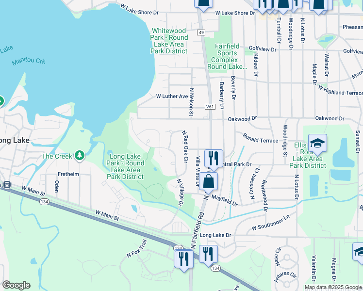 map of restaurants, bars, coffee shops, grocery stores, and more near 1324 North Red Oak Circle in Round Lake Beach