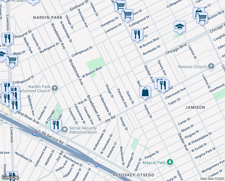 map of restaurants, bars, coffee shops, grocery stores, and more near 9379 Otsego Ave in Detroit